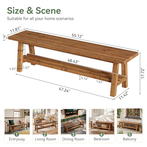 55" Farmhouse Wood Bench, 2-Tier Rustic Kitchen Dining Seat, Indoor End of Bed Bench for Kitchen, Dining Room, Living Room, Hallway, Bedroom