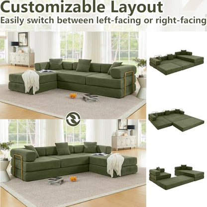 108" Modular Sectional Sofa, Futon Convertible Sofa Bed,Oversized Corduroy Boneless Couch for Living Room,Floor Loveseat Sleeper with Pull Out Bed,Free Combination,No Assembly Required (Green)