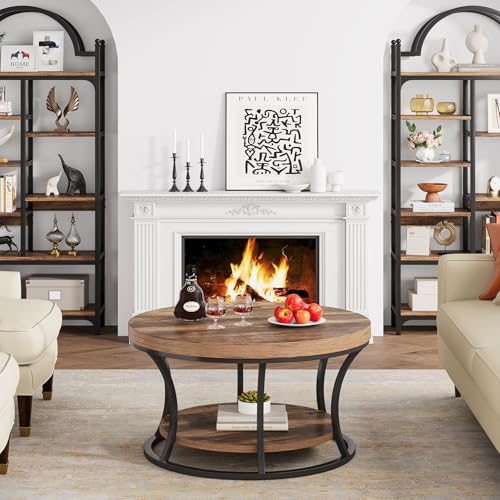 Round Coffee Table for Living Room, 2-Tier Circle Coffee Table with Storage, Accent Center Table Modern Design, Rustic Brown and Black