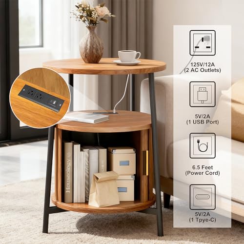 Round End Tables Set of 2 & Charging Station, Fluted Accent Side Table with Sliding Door, Mid-Century Modern Nightstand set of 2 for Small Space Storage, Living Room, Bedroom,Sofa Couch(2, Yellow)