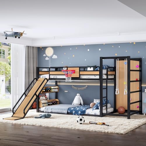 JIVOIT Twin XL Size Metal Loft Bed, Multi-Functional Design Loft Bed Frame with Basketball Hoop, Pull-Up Rings, Climbing Wall, Built-in Bookshelves, a Slide, Space-Saving Design, No Box Spring Needed