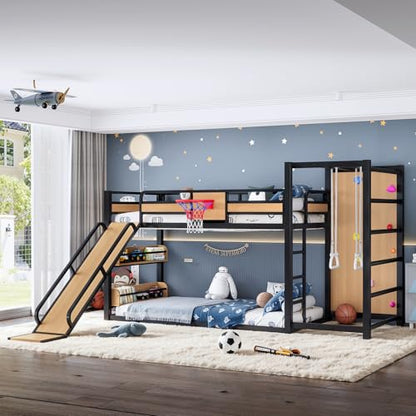 JIVOIT Twin XL Size Metal Loft Bed, Multi-Functional Design Loft Bed Frame with Basketball Hoop, Pull-Up Rings, Climbing Wall, Built-in Bookshelves, a Slide, Space-Saving Design, No Box Spring Needed