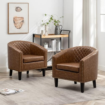 29" W Faux Leather Barrel Chairs Set of 2, Modern PU Upholstered Tufted Club Chairs with Nailhead Trim, Small Armchairs Accent Chairs for Living Room Bedroom Apartment Lounge Nursery, Coffee