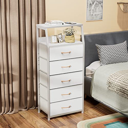 White Tall Dresser for Bedroom, 5 Fabric Bins Tall Nightstand, Dorm Dresser, view 3