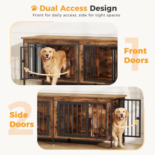 63" Double Dog Crate Furniture for 2 Dogs, Rustic Brown, view 3