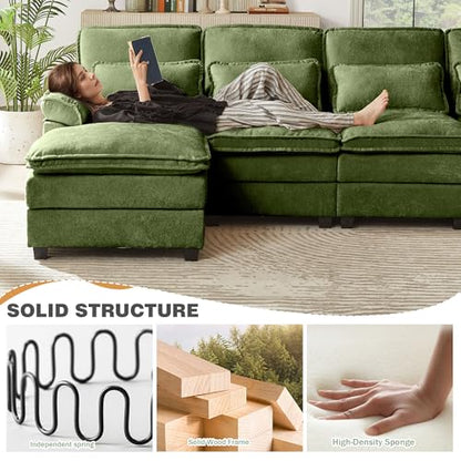112" Modular Sectional Sofa, U Shaped Comfy Cloud Couch with Double Chaise and Padded Armrests, Modern Deep Seat Sectional Couches for Living Room, Apartment, Office, Green