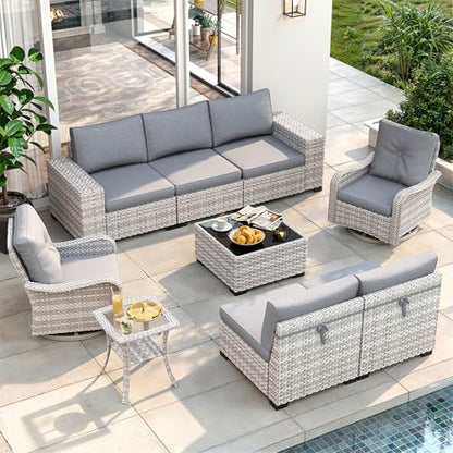 9 Piece Outdoor Patio Furniture Set with Swivel Chairs, 7-Seats Wicker Sectional Sofa Set with Thickened Cushions & Coffee Tables for Garden, Backyard, Porch, Gray