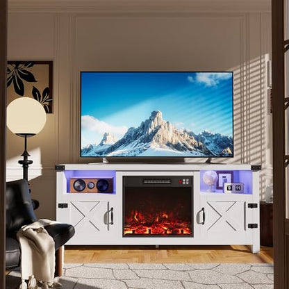 LED Entertainment Center with Fireplace, Fireplace TV Stand with Storage Cabinets and 2 Open Shelves, Modern Media TV Console for Living Room (White)