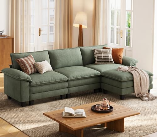 123'' Modular Sectional Sofa 3 Seat Couch Corduroy Cloud Couch with Deep Seat, Modern L-Shaped Cloud Couch with 1 Movable Ottoman for Living Room, Office, Bedroom, Green