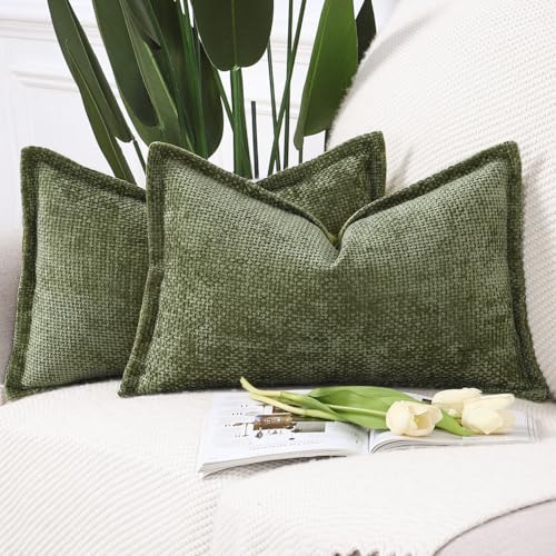 Decorative Chenille Velvet Throw Pillow Covers Set of 2 Soft Boho Textured Neutral Couch Throw Pillow for Bed Modern Farmhouse Home Decor for Sofa Livingroom Moss Green 12x20 Inch