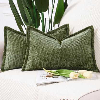 Decorative Chenille Velvet Throw Pillow Covers Set of 2 Soft Boho Textured Neutral Couch Throw Pillow for Bed Modern Farmhouse Home Decor for Sofa Livingroom Moss Green 12x20 Inch
