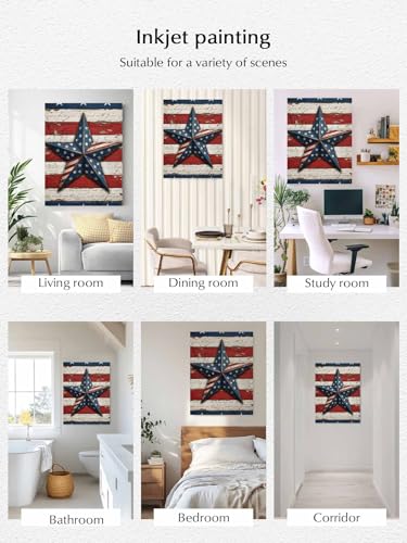 Retro USA Flag Wood Texture Canvas Wall Art Prints,30"x20" Framed Picture Artwork July 4th Red Blue White Star Stripe Printed Canvas Oil Painting for Living Room Bedroom Office,Ready to Hang
