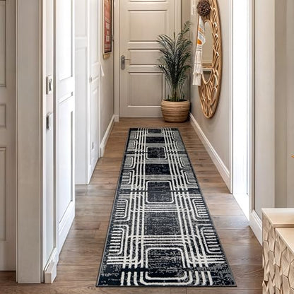 Black and White Geometric Area Rug – Abstract Curved Line and Square Pattern Carpet for Living Room, Bedroom, or Office – Contemporary Soft Floor Décor 2' 3" x 8' Runner Black