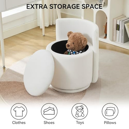 Velvet Vanity Chair with Storage, 360° Swivel Makeup Chair with Wave Back, No Assembly Small Accent Stool for Bedroom, Dressing, Living Room, White
