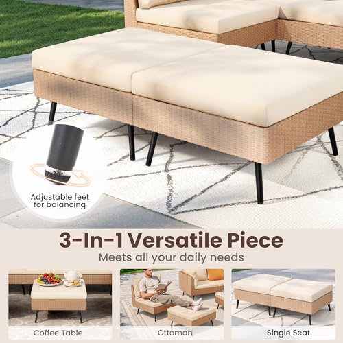 8-Piece Wicker Outdoor Furniture Set, All-Weather Patio Conversation Set with Thick Cushions & 2 Multi-Use Ottomans, Sectional Sofa Patio Furniture Set for Backyard, Porch, Beige