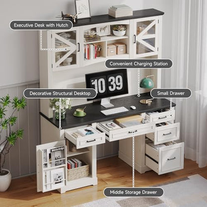 72" H Farmhouse Executive Desk with Hutch, Office Desk, Computer Desks with Charging Station, Computer Workstations with 5 Drawers and Storage Cabinet for Home, Office, Off White & Black