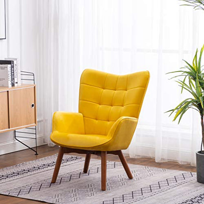 Leiria Contemporary Silky Velvet Tufted Accent Chair with Ottoman, Yellow