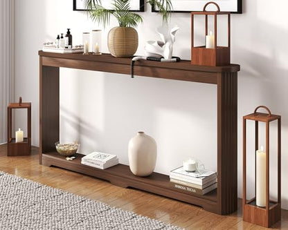 Modern 70 Inch Entryway Table Narrow - Behind Sofa Table Narrow, 8 Inch Deep Console Table Behind Couch with Open Storage, Walnut Entryway Table for Hallway, Foyer, Living Room