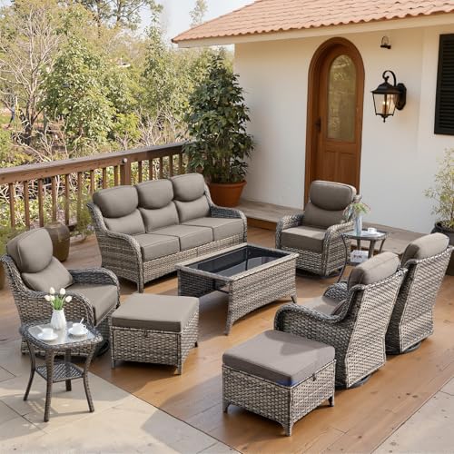 Luxury 6" Thick Cushioned 10 Pieces Patio Furniture Set with Outdoor Couch, Wicker Outdoor Conversation Set with High Back Swivel Rocker Chairs for Deck Porch Yard and Poolside - Grey+Grey