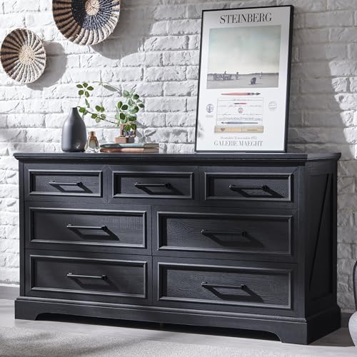 7 Drawer Dresser, 52" Wide Farmhouse Chest for Bedroom, Black, view 2