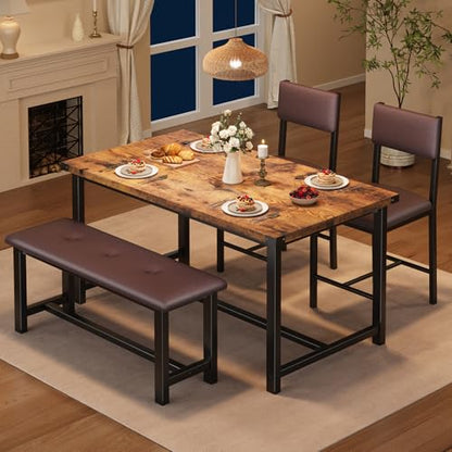 Dining Table Set for 4, Kitchen Table with 2 Upholstered Chairs and Bench, Wood Kitchen Dining Room Set, for Small Space, Apartment, Home, Kitchen, Retro Brown