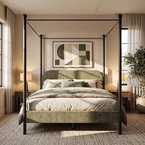 Queen Size Upholstered Canopy Bed Frame with Boucle Fabric, view 2