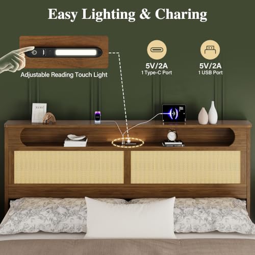 King Size Rattan Bed Frame with 2 Storage Drawers, Wood Bed, Brown, view 4