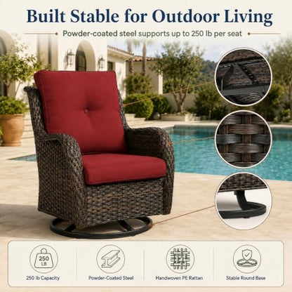 2 Piece Wicker Patio Swivel Rocker Chairs, Brown/Red, view 6