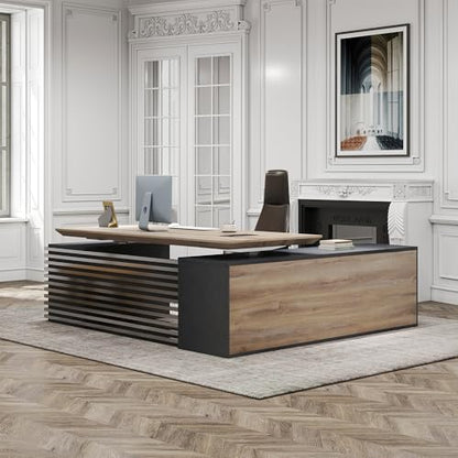 70.87IN Adjustable Heigh L Shaped Executive Desk w/Cabinet Storage, Modern Computer Standing Home Office Desk w/File Cabinet, AC/USB, Large Writing Table Business Workstation