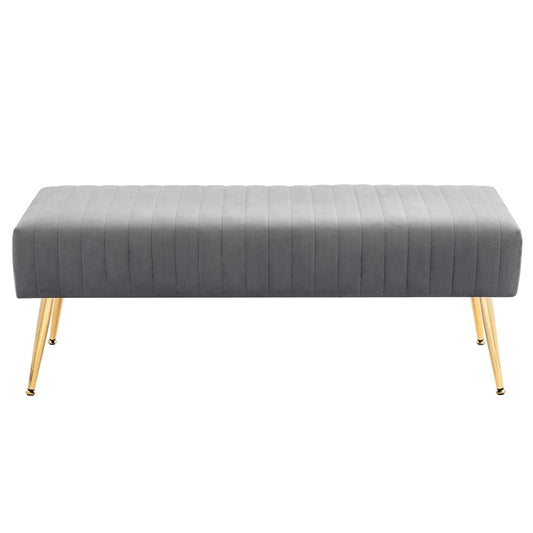 44 Inch Bedroom Benches, Upholstered Tufted Striped Fabric Ottoman Bench with X-Shaped Metal Legs for Living Room, Solid Wood Indoor Bench for Foyer (Grey)