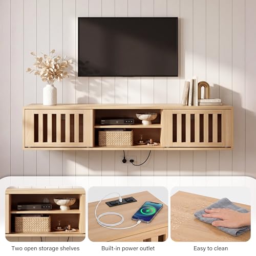 58" Floating TV Stand Wall Mounted with Power Outlet, Natural, view 4