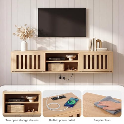 58" Floating TV Stand Wall Mounted with Power Outlet, Natural, view 4