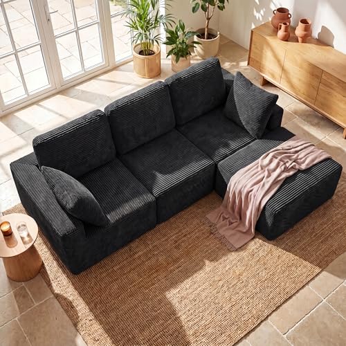 Sectional Couches for Living Room, Modern Boneless Couch with Deep Seat, Upholstered Cloud Sofa, No Assembly Required (Black, L Shaped Sofa)