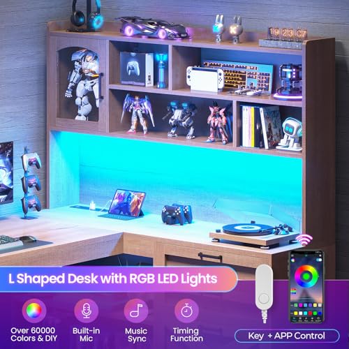 Farmhouse L Shaped Office Desk with Drawers, 61” Computer Desk with Storage Shelves and Power Outlet, Corner Gaming Desk with LED Light and Display Cabinet for Home Office, Light Brown
