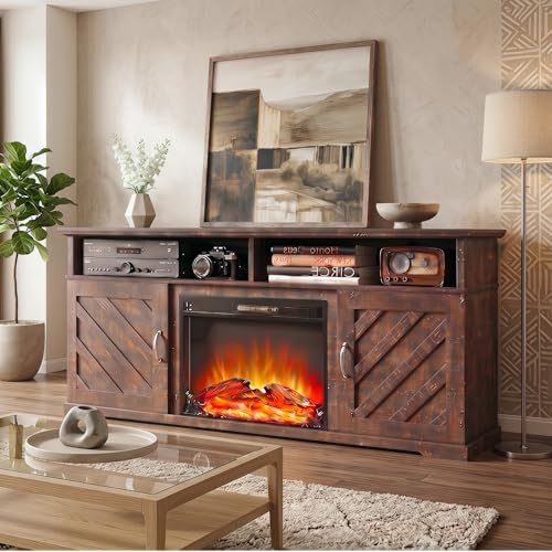 Fireplace TV Stand for 70 inch TV, Farmhouse Entertainment Center with Storage, view 4