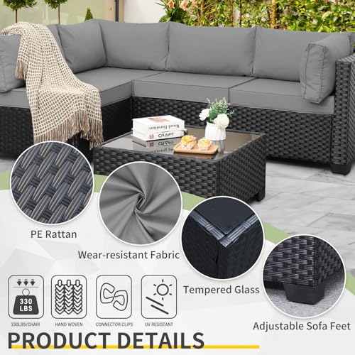 Outdoor 5 Piece Patio Furniture Set, Black Rattan Conversation Couch Resin Wicker Sectional Sofa Outside Chair with Coffee Table, Grey Cushion