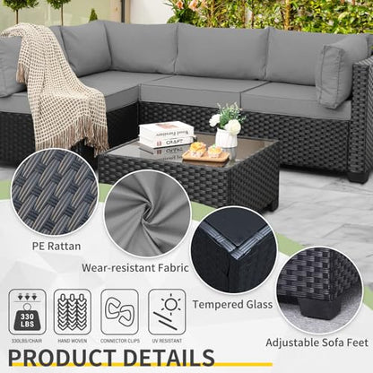 Outdoor 5 Piece Patio Furniture Set, Black Rattan Conversation Couch Resin Wicker Sectional Sofa Outside Chair with Coffee Table, Grey Cushion