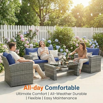 Patio Furniture Set, Wicker Outside Outdoor Furniture for All Weather, Patio Sofa with High Backrest Support and Wide Armrest for Backyard, Balcony, Deck, Porch, Navy Blue