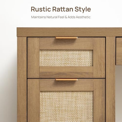 52" Rattan Home Office Desk with 3 Drawers: Boho Executive Desk with 2 Storage Cabinets, Large Computer Writing Table for Study, Office, Living Room