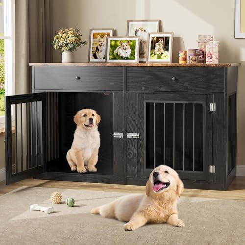 60" Dog Crate Furniture for 2 Dogs, Dog Kennel Furniture, Black, view 2