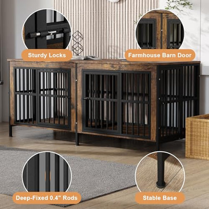 78" Double Dog Crate Furniture for Medium/Large Dogs, Brown, Thick wood, view 3