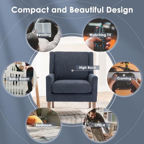 Modern Wingback Living Room Chair, Upholstered Fabric Accent Armchair, Single Sofa Chair with Lounge Seat and Wood Legs for Bedroom/Office/Reading Spaces, Blue