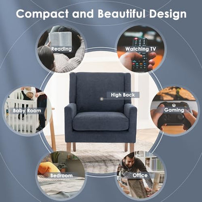 Modern Wingback Living Room Chair, Upholstered Fabric Accent Armchair, Single Sofa Chair with Lounge Seat and Wood Legs for Bedroom/Office/Reading Spaces, Blue