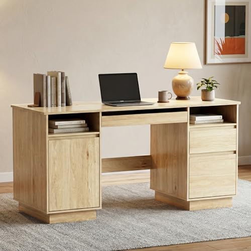 58" Modern Executive Desk with Drawers, Office Desk with File Drawer & Open Storage & Power Outlet, Keyboard Tray, Wooden Computer Desk for Home Office & Studio