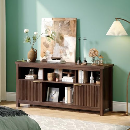 58" Fluted TV Stand for TVs up to 70", Modern TV Stand with Storage & Adjustable Shelves, Elegant Media Console Entertainment Center for Living Room & Bedroom, Walnut