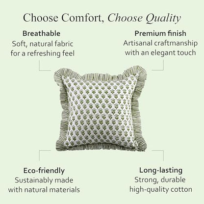 CPC Block Print Ruffle Throw Cover Emerald Green 16"x16" Inch Pack of 2-100% Cotton Ruffle Couch Decorative Boho Pillows Case for Living Room, Bedroom, Sofa, Farmhouse Gift for Spring, Mother's Day