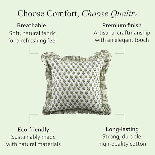 CPC Block Print Ruffle Throw Cover Emerald Green 18"x18" Inch Pack of 2-100% Cotton Ruffle Couch Decorative Boho Pillows Case for Living Room, Bedroom, Sofa, Farmhouse Gift for Spring, Mother's Day