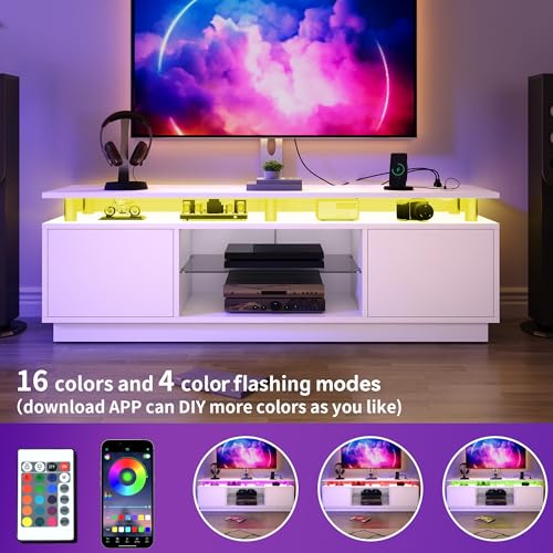 Modern TV Stand with Mount, Media Console with LED Light, White, view 7