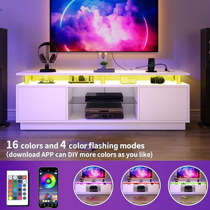 Modern TV Stand with Mount, Media Console with LED Light, White, view 7