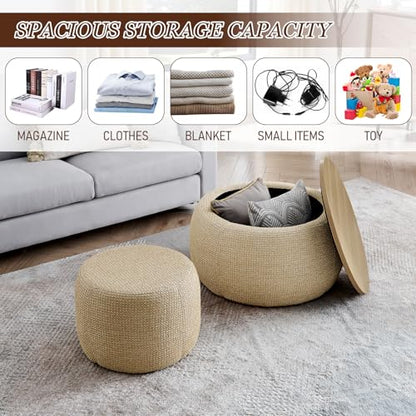 TTK Round Ottoman with Storage Set of 2, 25" Large Upholstered Storage Ottoman Set Coffee Table with Removable Wood Tray, Modern Circle Foot Stool Padded Bench Ottomans for Living Room (Natural)